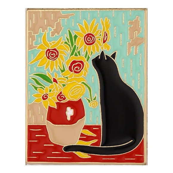 Jewelry - Black Cat & Sunflowers Enamel Pin – Artistic Floral Cat Brooch